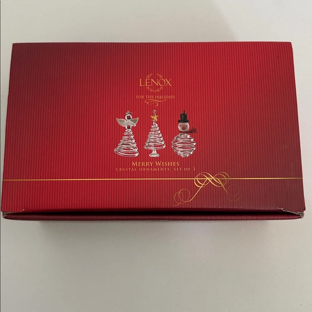 Lenox Merry Wishes Crystal Red and Gold Christmas Ornaments Set of 3